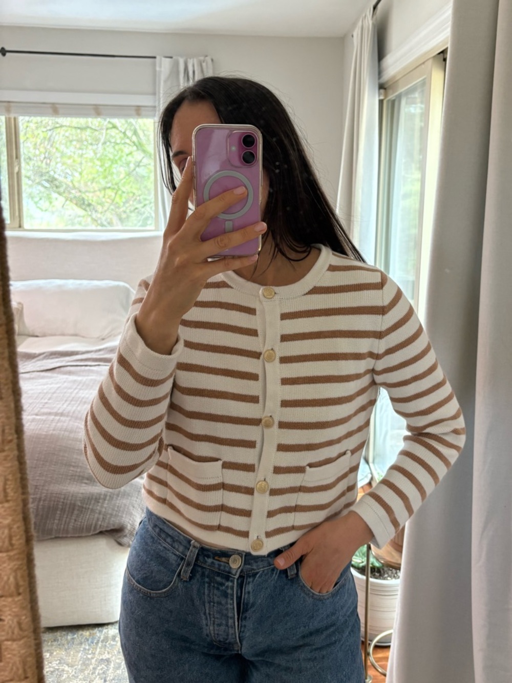 Striped Cream and Camel Button Cardigan